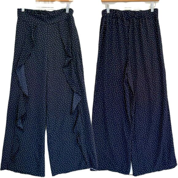 Blu Pepper Polka Dot Cascading Ruffle Wide Leg Pants Size M Navy Elastic Back - Picture 2 of 15